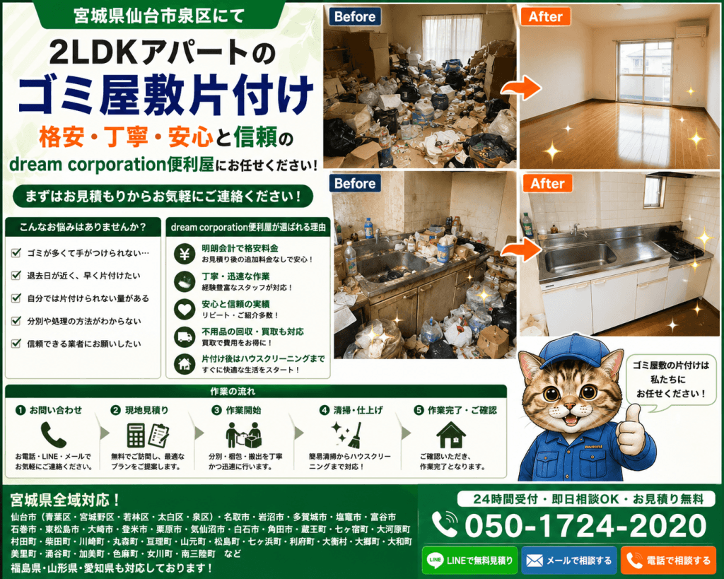 宮城県仙台市泉区で2LDKアパートのゴミ屋敷片付けを行った施工事例。大量の生活ゴミや不用品を回収・分別し、ハウスクリーニングで清潔な住まいへ再生したBefore・After画像。