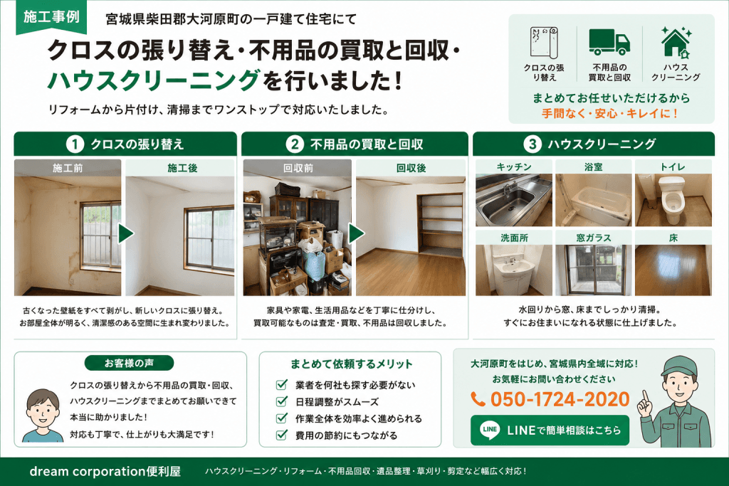 宮城県柴田郡大河原町で一戸建て住宅のクロス張り替え、不用品の買取・回収、ハウスクリーニングを行った施工事例