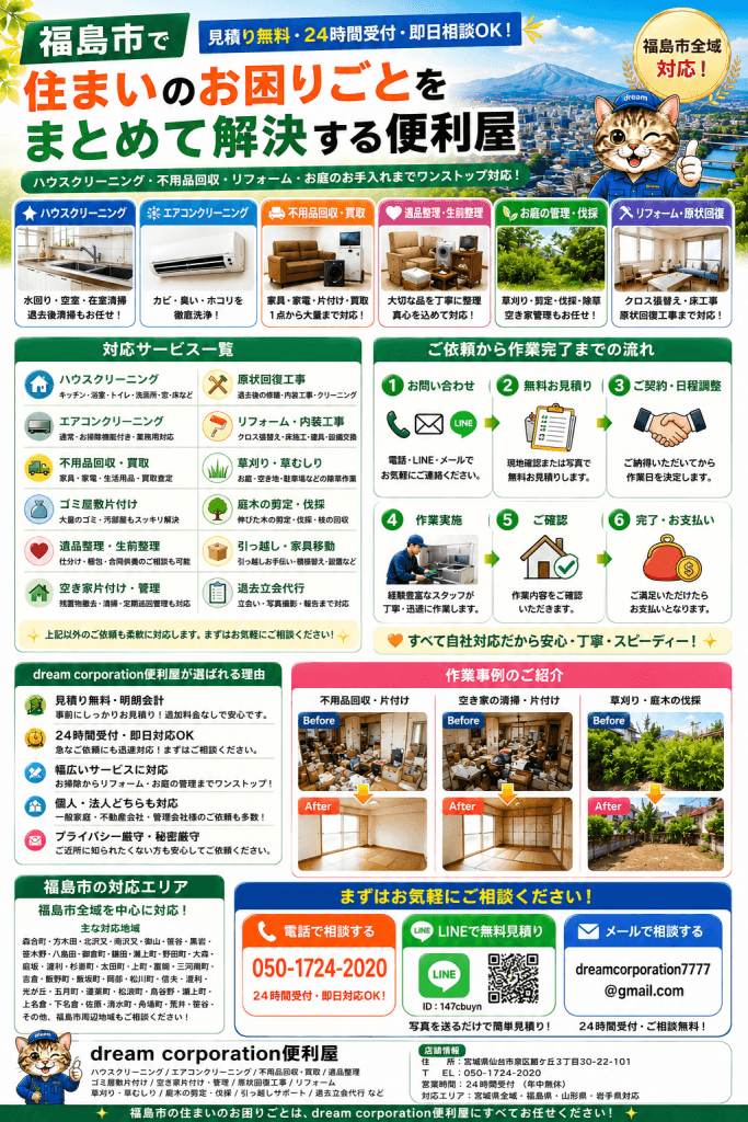 福島市対応のdream corporation便利屋サービス紹介画像。ハウスクリーニング、エアコンクリーニング、不用品回収・買取、遺品整理、ゴミ屋敷片付け、空き家管理、草刈り、庭木の剪定・伐採、原状回復工事、リフォームなど幅広いサービスを分かりやすく紹介したカラフルな案内画像。