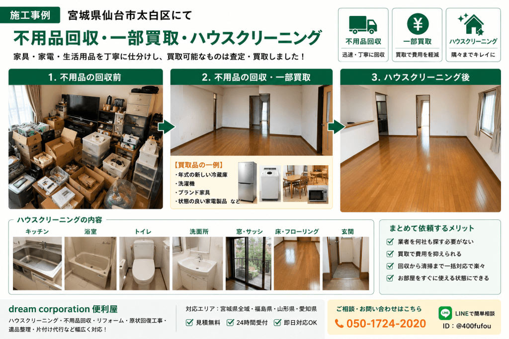 宮城県仙台市太白区で不用品回収・一部買取・ハウスクリーニングを行った施工事例。家具や家電、生活用品を回収し、買取可能な品物は査定・買取、最後に室内全体をハウスクリーニングで仕上げました。