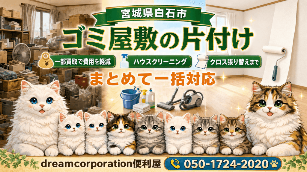 宮城県白石市で一部買取を含むゴミ屋敷の片付け、ハウスクリーニング、クロス張り替えを一括対応するdreamcorporation便利屋