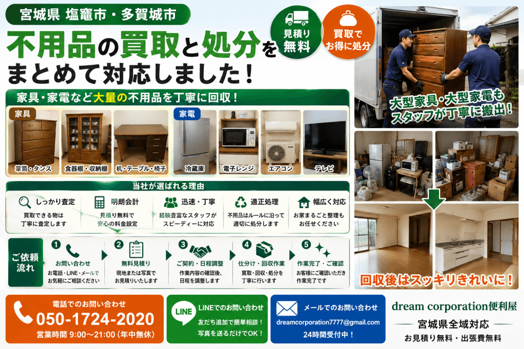 宮城県塩竈市・多賀城市で家具・家電の不用品買取と回収を行うdream corporation便利屋の施工イメージ。箪笥、食器棚、机、冷蔵庫、電子レンジ、エアコン、テレビなどを丁寧に仕分け・査定・搬出し、お部屋をきれいに整理した様子。