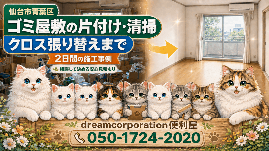 仙台市青葉区でゴミ屋敷の片付け、ハウスクリーニング、クロス張り替えを2日間で行ったdreamcorporation便利屋