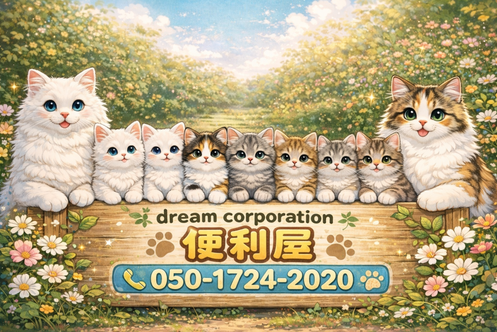 dream corporation便利屋のメイン画像の一つ。猫をメインキャラにし、愛着のある便利屋さんです。即日対応可能。お困りごとがあれば050−1724−2020までお気軽にご連絡ください。