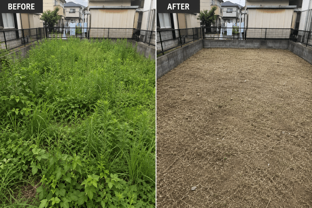 宮城県亘理郡亘理町にて草むしり。手作業で２名で６時間作業。お客様のことを考えた素晴らしい作業です。dream corporation便利屋