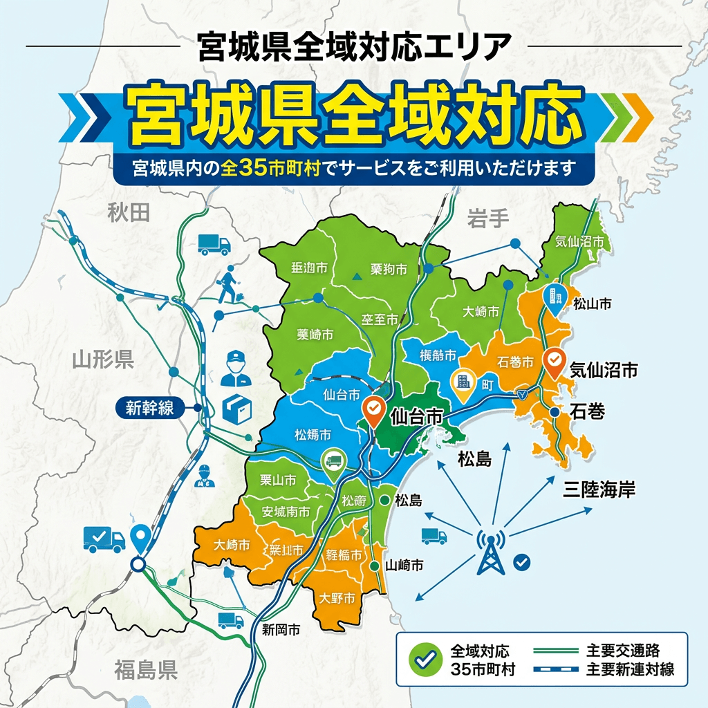 Map of Miyagi Prefecture highlighting all cities and towns covered by service, with transportation routes and key locations marked