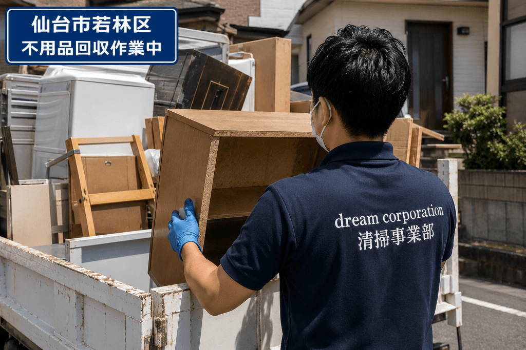 仙台市若林区で不用品回収作業を行っている様子(家具や家電の回収・搬出作業)