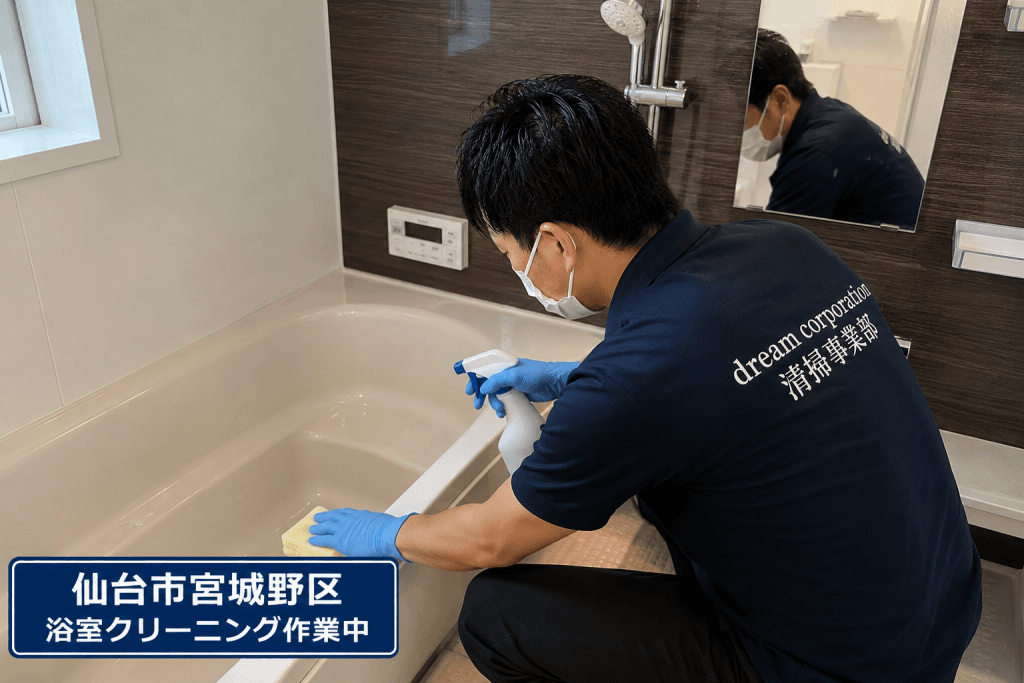 仙台市宮城野区で浴室クリーニング作業を行っている様子(お風呂の水垢・カビ除去清掃)