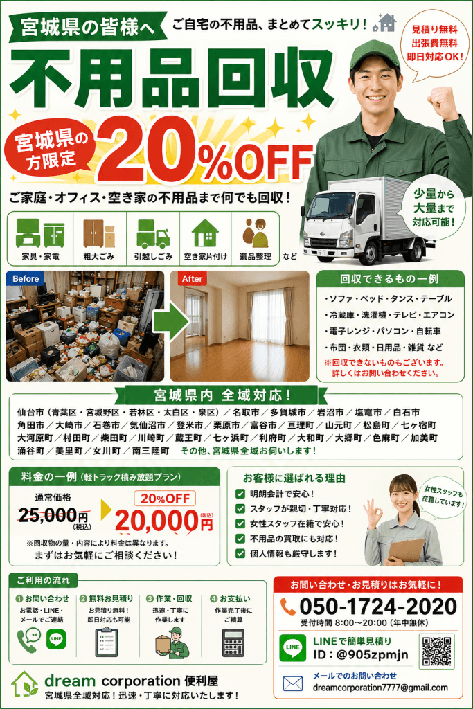 宮城県限定の不用品回収20%OFFキャンペーンを案内するチラシ。家具・家電・粗大ごみ・引っ越しごみ・空き家の片付け・遺品整理に対応し、宮城県全域で無料見積りを実施しているdream corporation便利屋のキャンペーン画像。