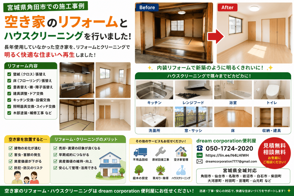 宮城県角田市で空き家のリフォームとハウスクリーニングを行った施工事例。内装リフォームや設備の補修を行い、キッチン・浴室・トイレ・洗面所・窓・床など住まい全体を丁寧にクリーニングして、明るく快適な住まいへ再生しました