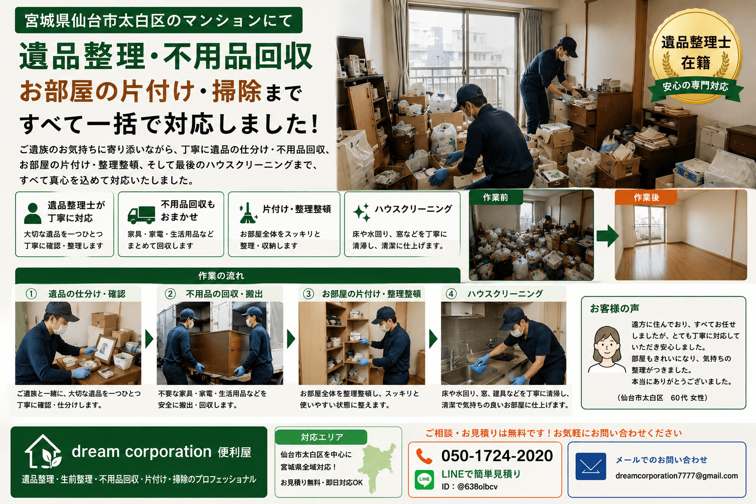 宮城県仙台市太白区のマンションで遺品整理・不用品回収・お部屋の片付け・ハウスクリーニングを一括対応した施工事例。遺品整理士が丁寧に仕分け・搬出・清掃を行っている作業風景。