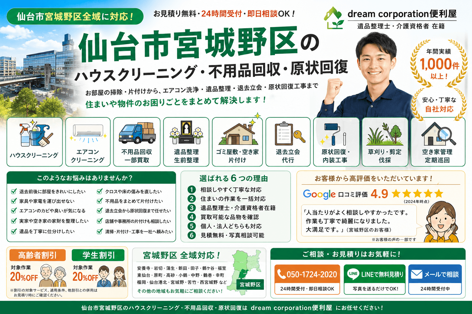 仙台市宮城野区でハウスクリーニング・不用品回収・エアコンクリーニング・遺品整理・退去立会代行・原状回復工事・草刈り・空き家管理を行うdream corporation便利屋のサービス紹介画像。