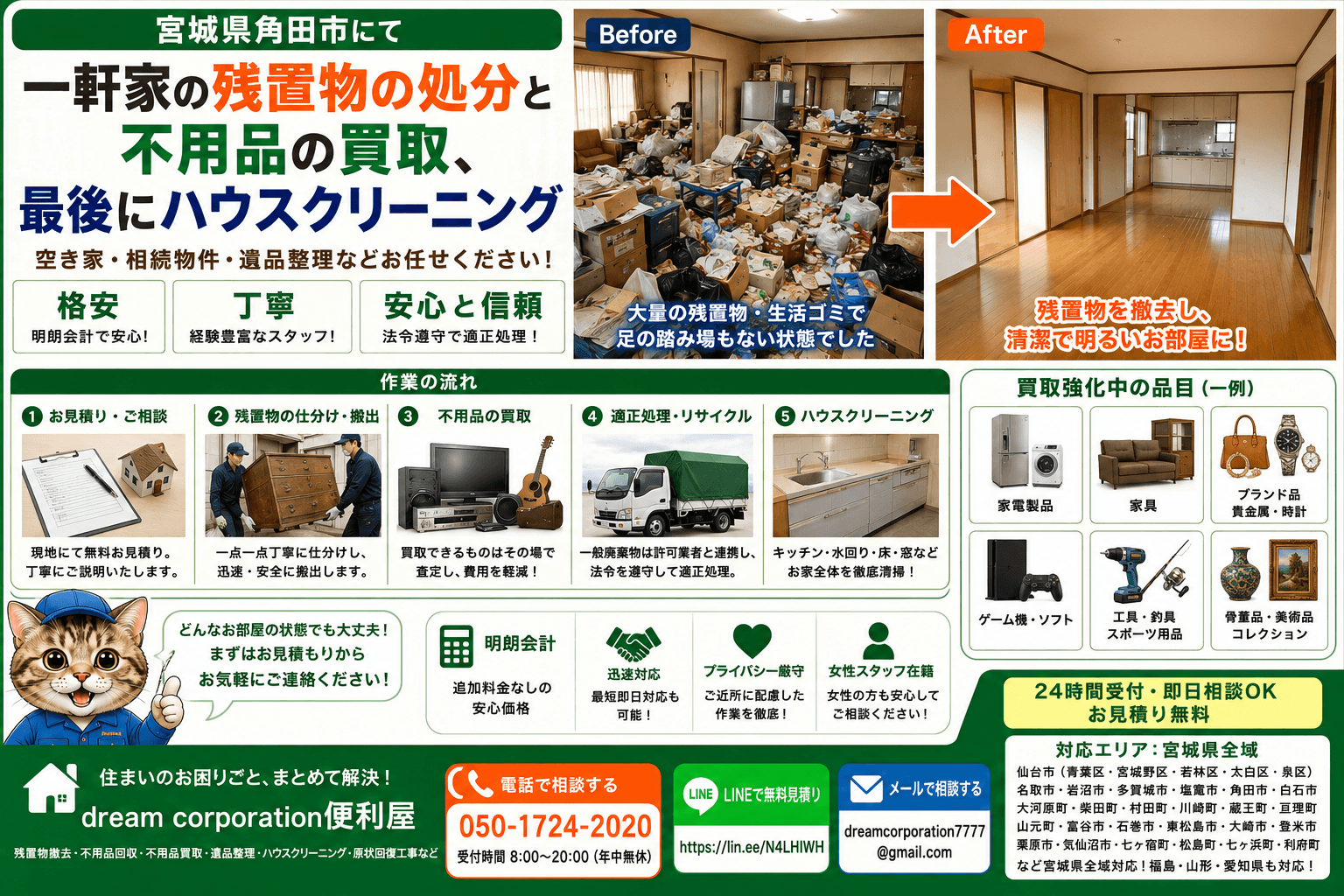 宮城県角田市で一軒家の残置物撤去・不用品買取・ハウスクリーニングを行った施工事例。空き家の家具や家電を搬出し、清掃までワンストップで対応したBefore・After。