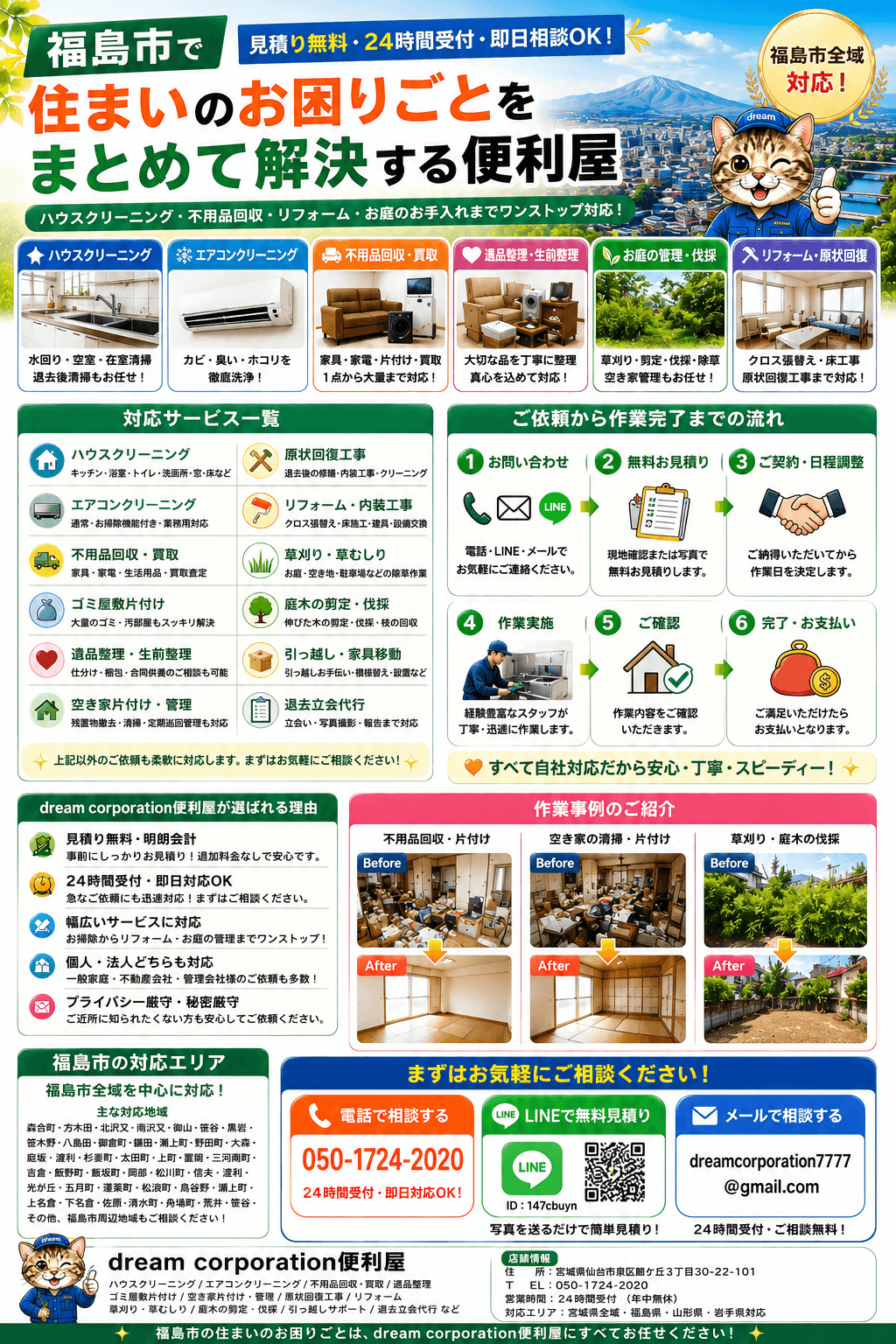 福島市対応のdream corporation便利屋サービス紹介画像。ハウスクリーニング、エアコンクリーニング、不用品回収・買取、遺品整理、ゴミ屋敷片付け、空き家管理、草刈り、庭木の剪定・伐採、原状回復工事、リフォームなど幅広いサービスを分かりやすく紹介したカラフルな案内画像。