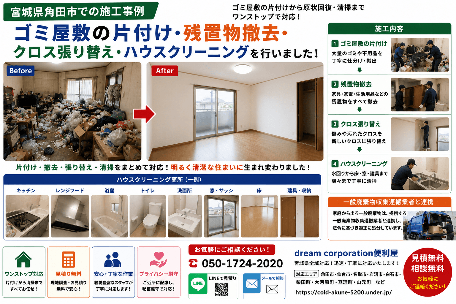 宮城県角田市でゴミ屋敷の片付け・残置物撤去・クロス張り替え・ハウスクリーニングを行った施工事例。大量の不用品を撤去し、壁紙を新しく張り替え、住まい全体を徹底的に清掃して明るく快適な空間へ再生しました。