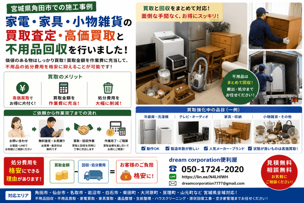 宮城県角田市で家電・家具・小物雑貨の買取査定と不用品回収を行った施工事例。テレビ・冷蔵庫・家具などを高価買取し、買取金額を作業費へ充当することで不用品の処分費用を抑えた作業風景。