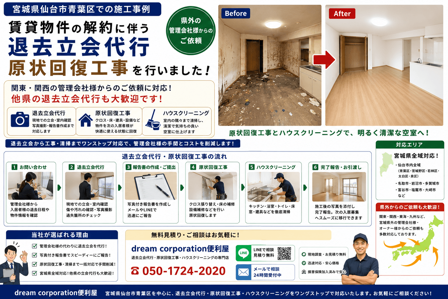 宮城県仙台市青葉区で賃貸物件の退去立会代行と原状回復工事を行った施工事例。県外の管理会社様からご依頼いただき、退去立会・室内確認・クロス張り替え・ハウスクリーニングまでワンストップで対応した作業風景。