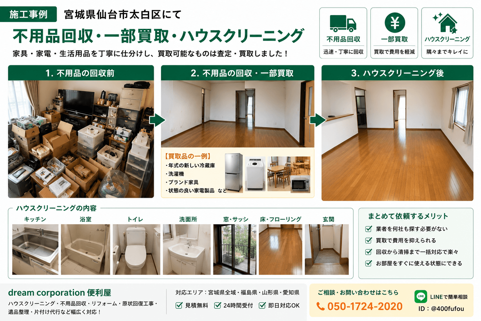 宮城県仙台市太白区で不用品回収・一部買取・ハウスクリーニングを行った施工事例。家具や家電、生活用品を回収し、買取可能な品物は査定・買取、最後に室内全体をハウスクリーニングで仕上げました。