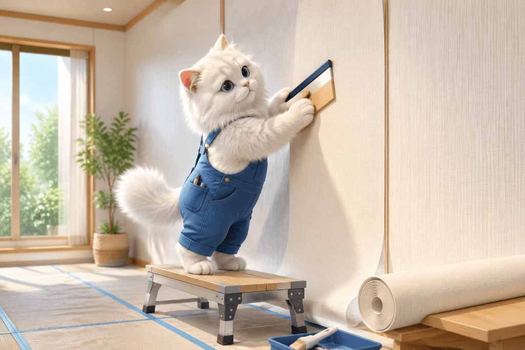 宮城県仙台市でクロス張り替えを行うdreamcorporation便利屋の白い猫