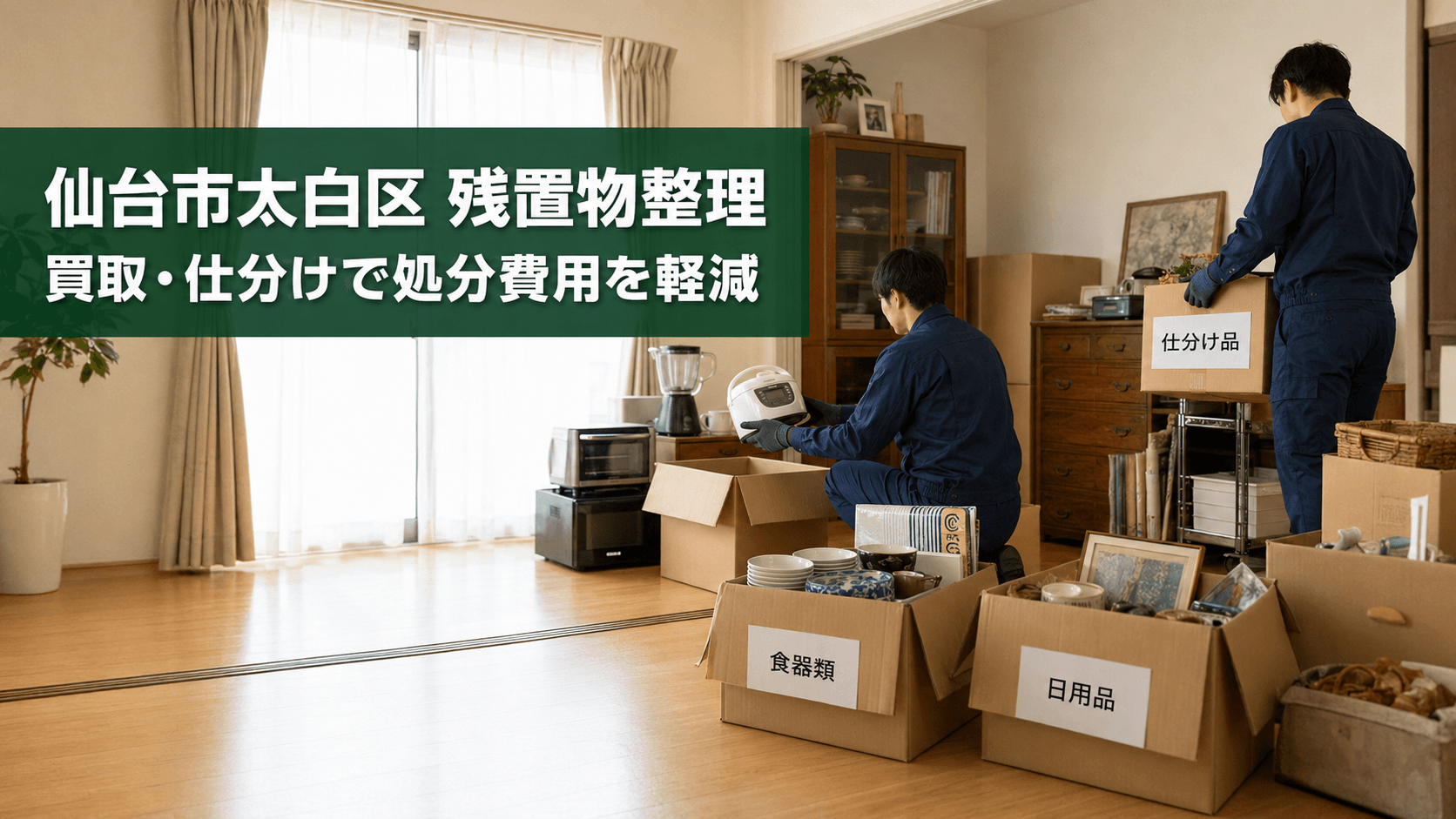 仙台市太白区で大量の残置物を買取品や処分品に丁寧に仕分ける作業員