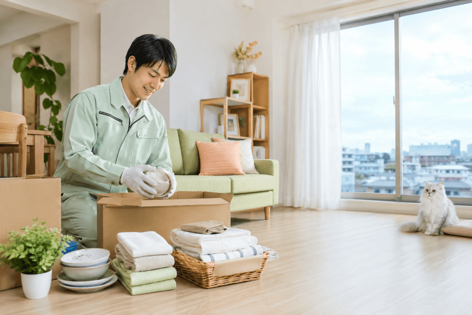 仙台市の住宅で不用品の仕分けと片付けを行う作業スタッフ