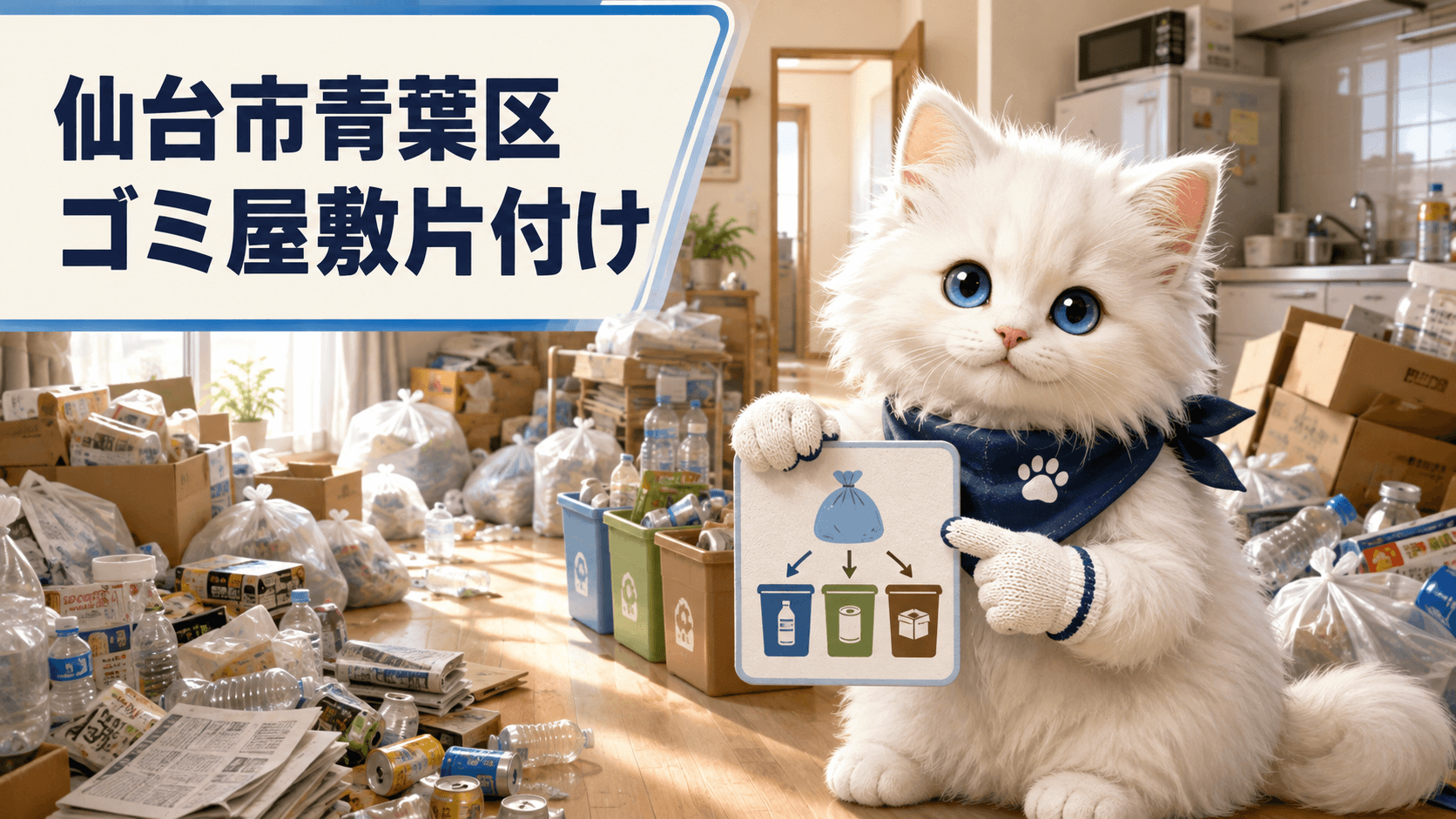 仙台市青葉区のアパートでゴミ屋敷片付けと分別作業を行うスタッフ