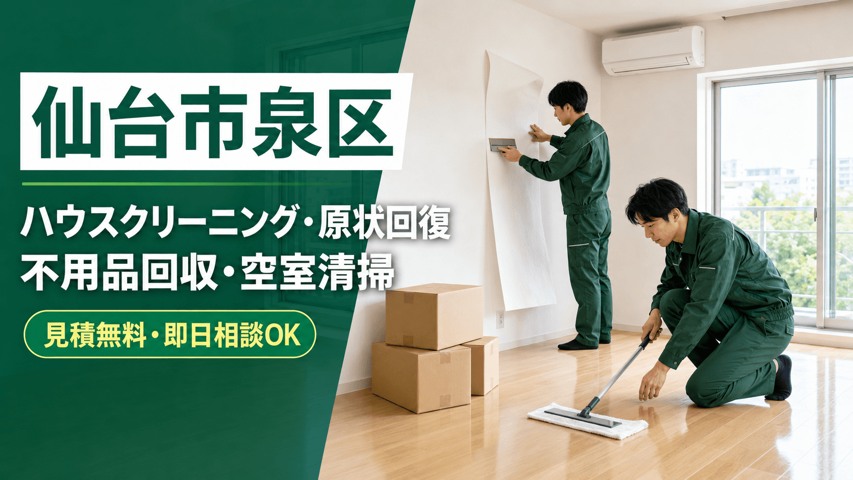 仙台市泉区でクロス張り替え・原状回復工事・ハウスクリーニング・空室清掃を行う作業スタッフ