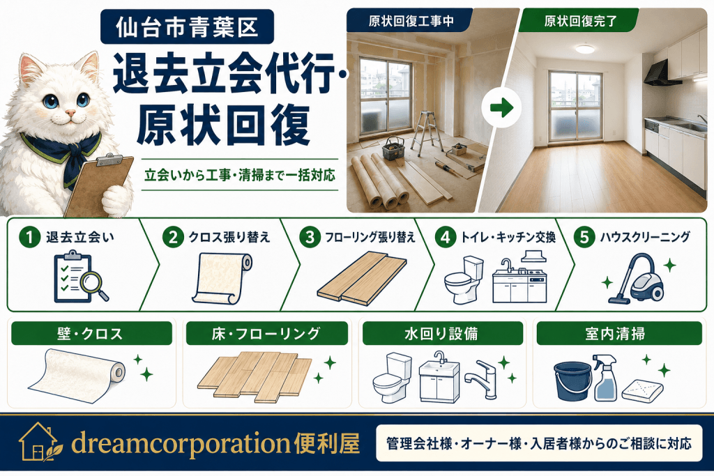 仙台市青葉区の退去立会代行からクロス・床・設備交換を行った原状回復事例