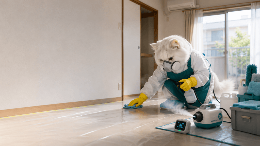 宮城県・仙台市の住宅で防護具を着用して除菌と消臭を行う特殊清掃