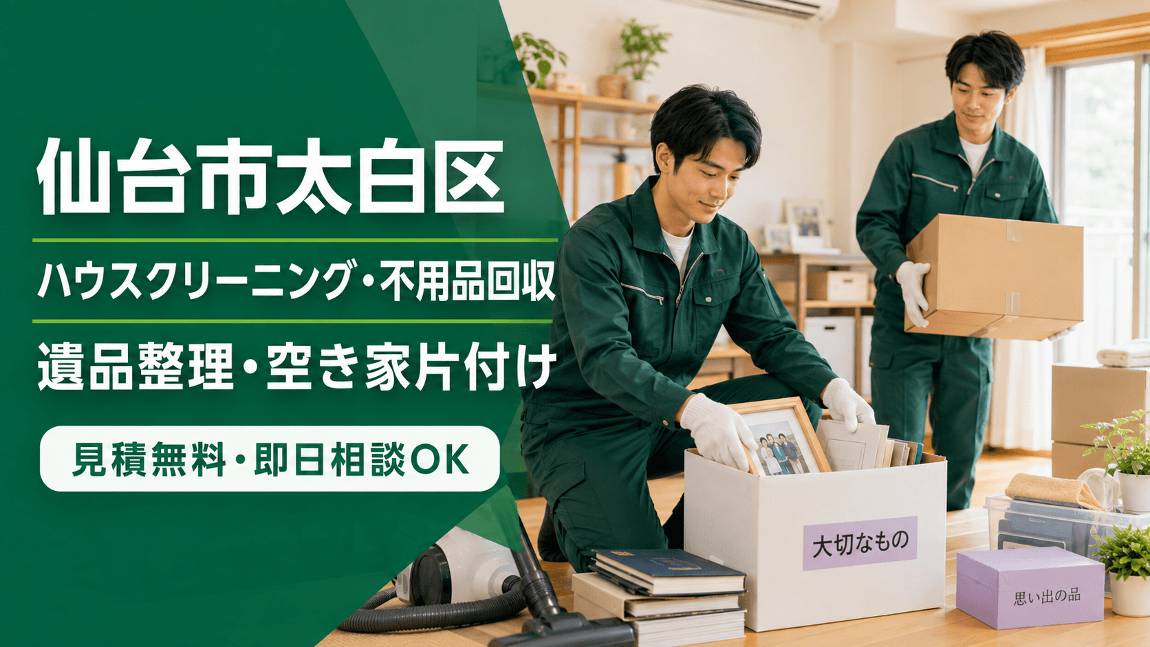 仙台市太白区でハウスクリーニング・不用品回収・遺品整理・空き家片付けを丁寧に行う作業スタッフ