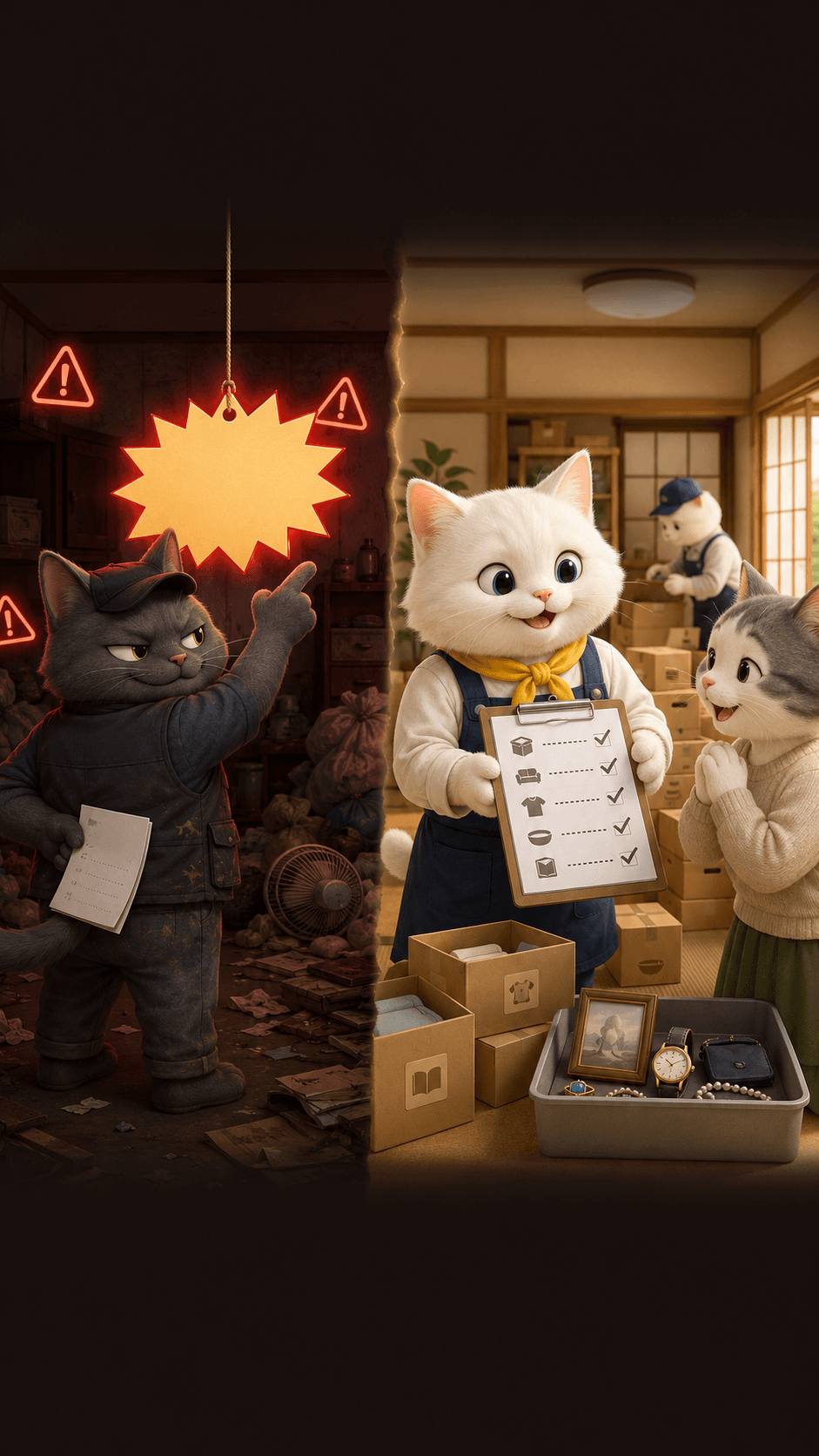 ゴミ屋敷片付けの悪質業者と優良業者の違いを猫のキャラクターで比較した動画