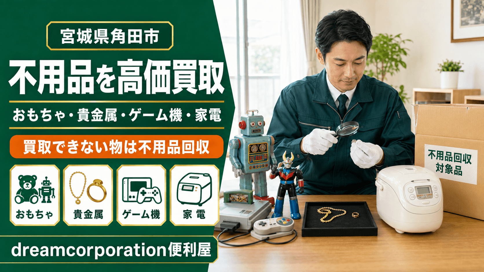 宮城県角田市でおもちゃ・貴金属・ゲーム機・家電を査定するdreamcorporation便利屋