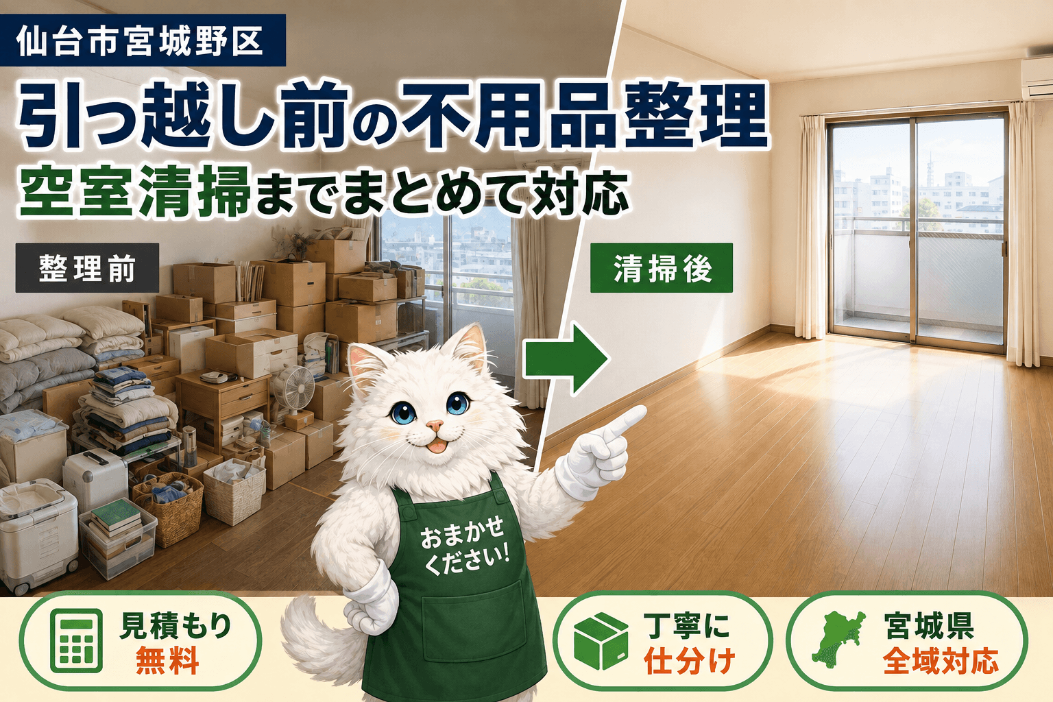 仙台市宮城野区で引っ越し前の不用品整理と空室清掃を行うdreamcorporation便利屋