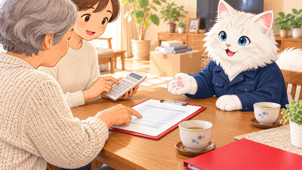 宮城県角田市で不用品回収の見積書を説明する白猫キャラクター