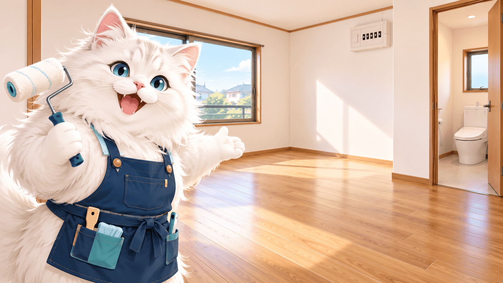白い猫キャラが宮城県塩竈市のリフォーム後の室内を案内するイラスト