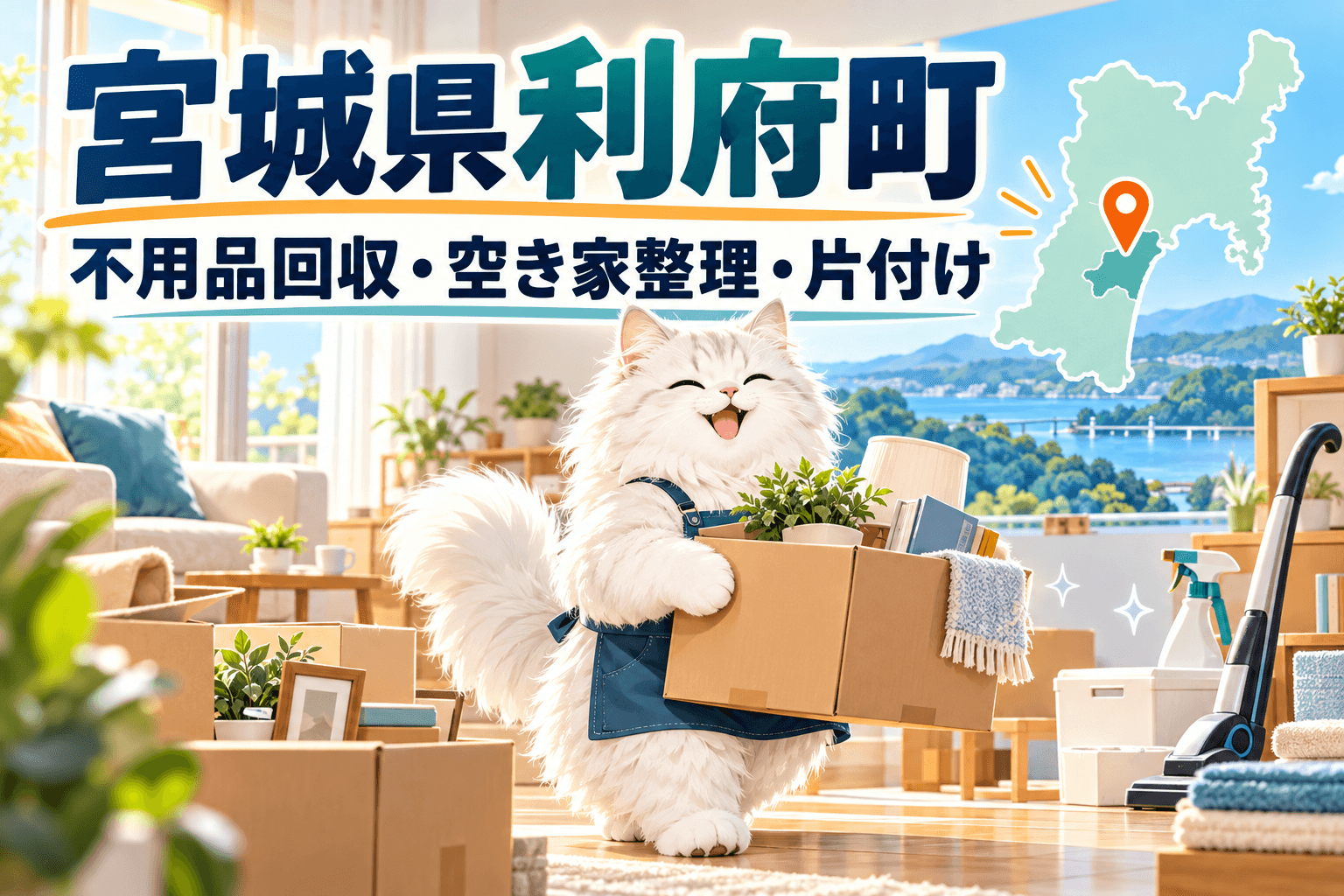 宮城県利府町での不用品回収・空き家整理を案内する、家財を整理する白い猫のイラスト