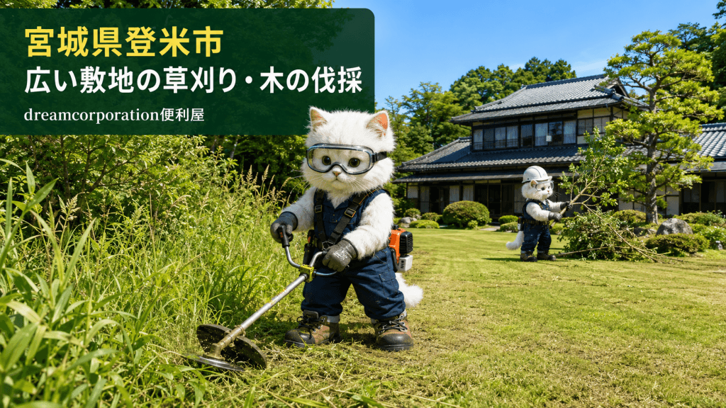 宮城県登米市の広い住宅敷地で草刈りと木の伐採を行うdreamcorporation便利屋
