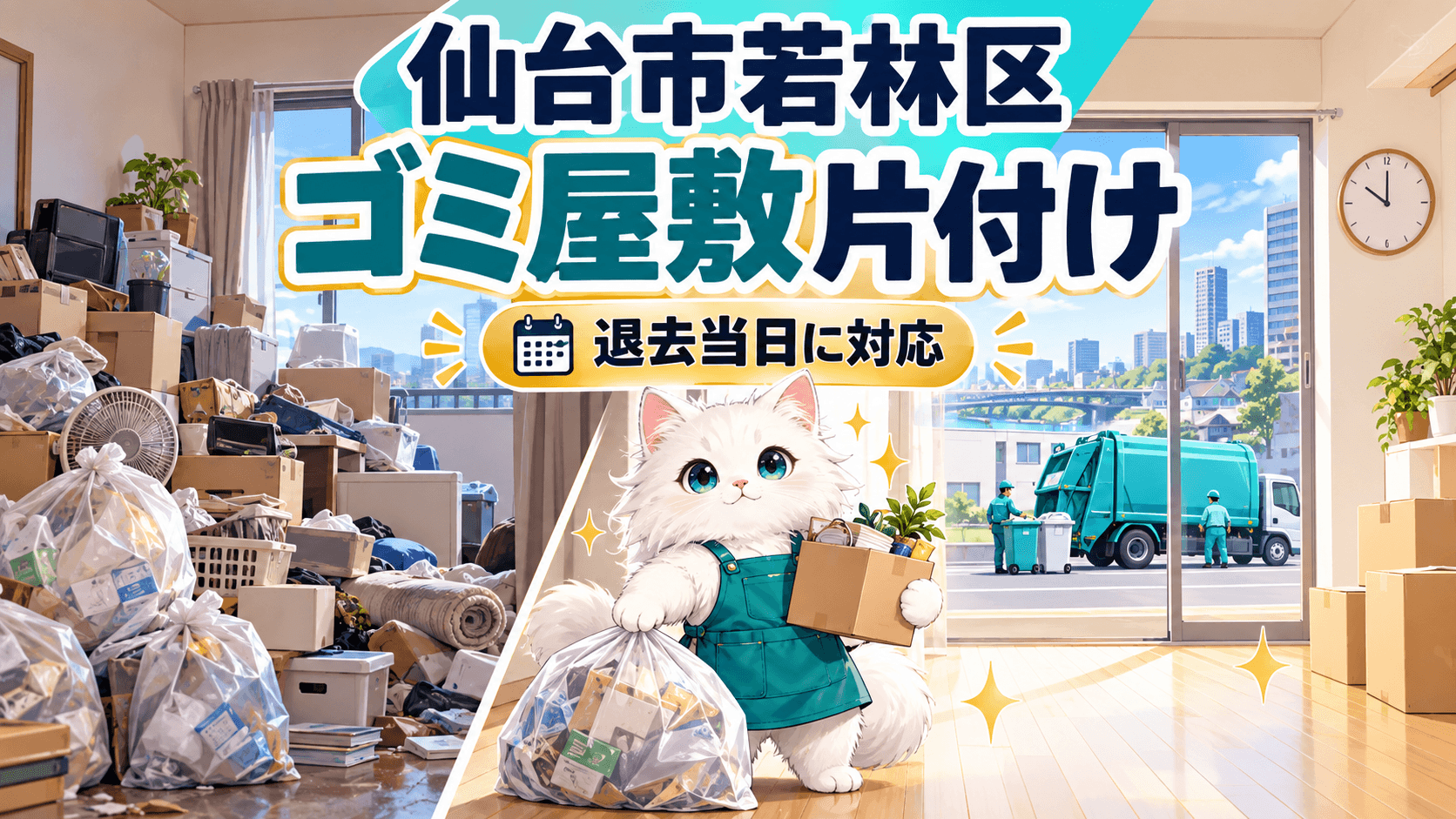仙台市若林区のアパートで退去当日に行ったゴミ屋敷片付けを、白い猫キャラクターと片付け前後の室内で表したイラスト