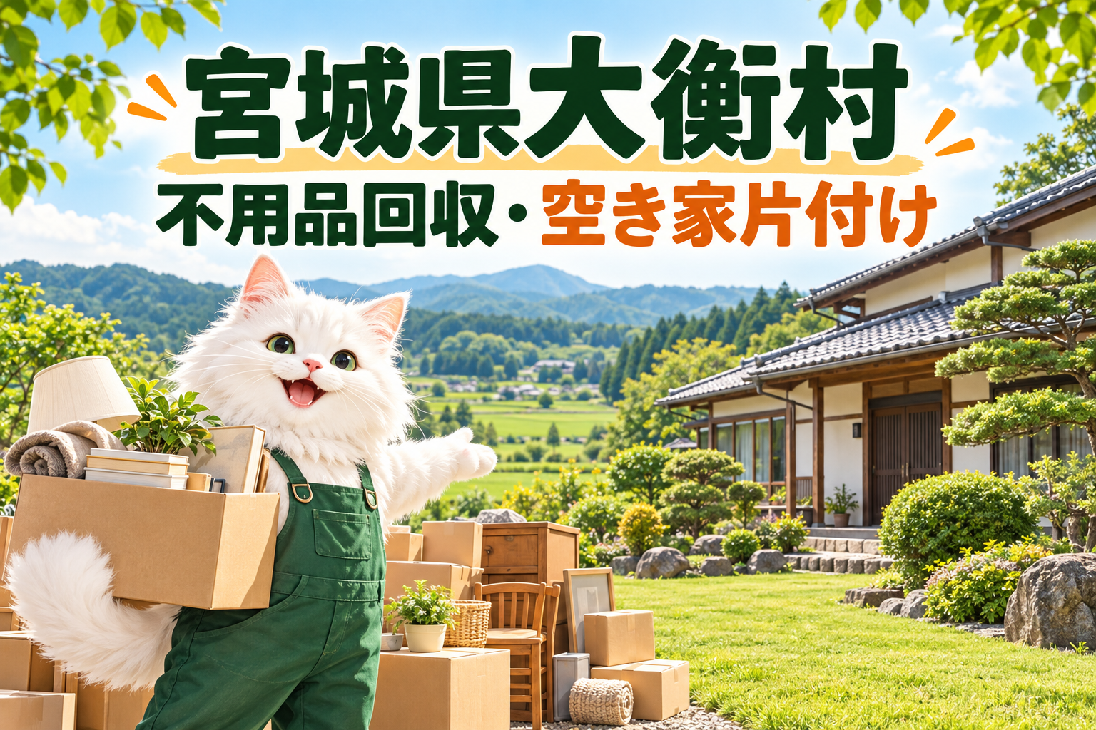宮城県大衡村の不用品回収と空き家片付けを案内する、家財を整理する白い猫と庭のイラスト