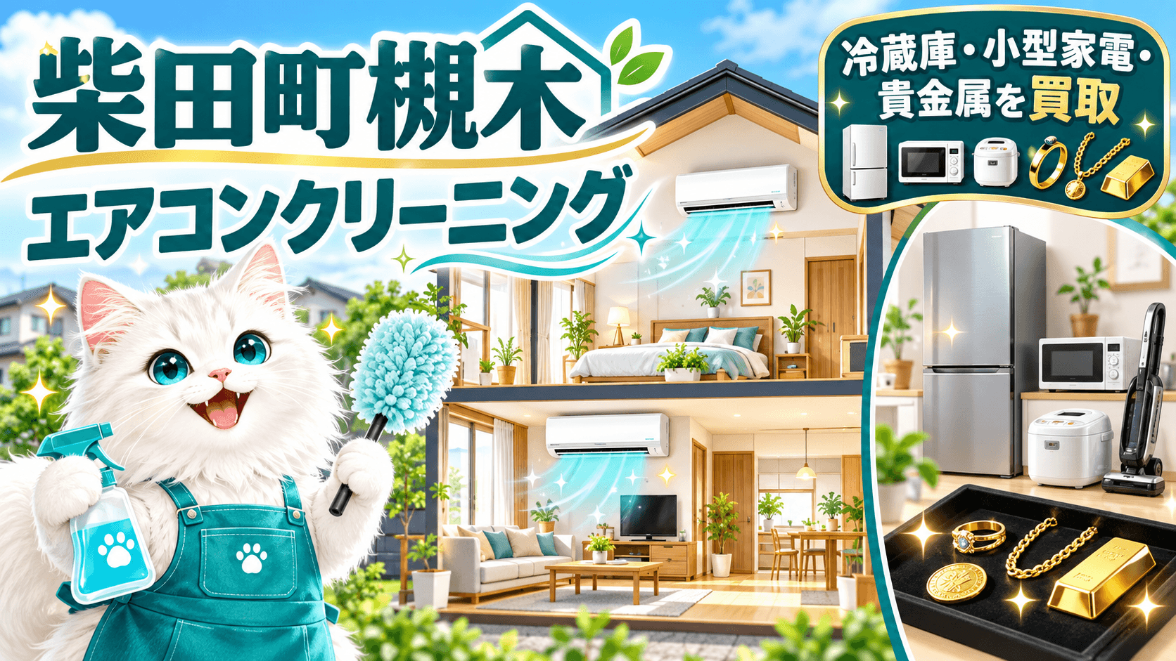 柴田町槻木の一軒家で行った1階・2階のエアコンクリーニングと不用品買取を表す白い猫キャラクターのイラスト