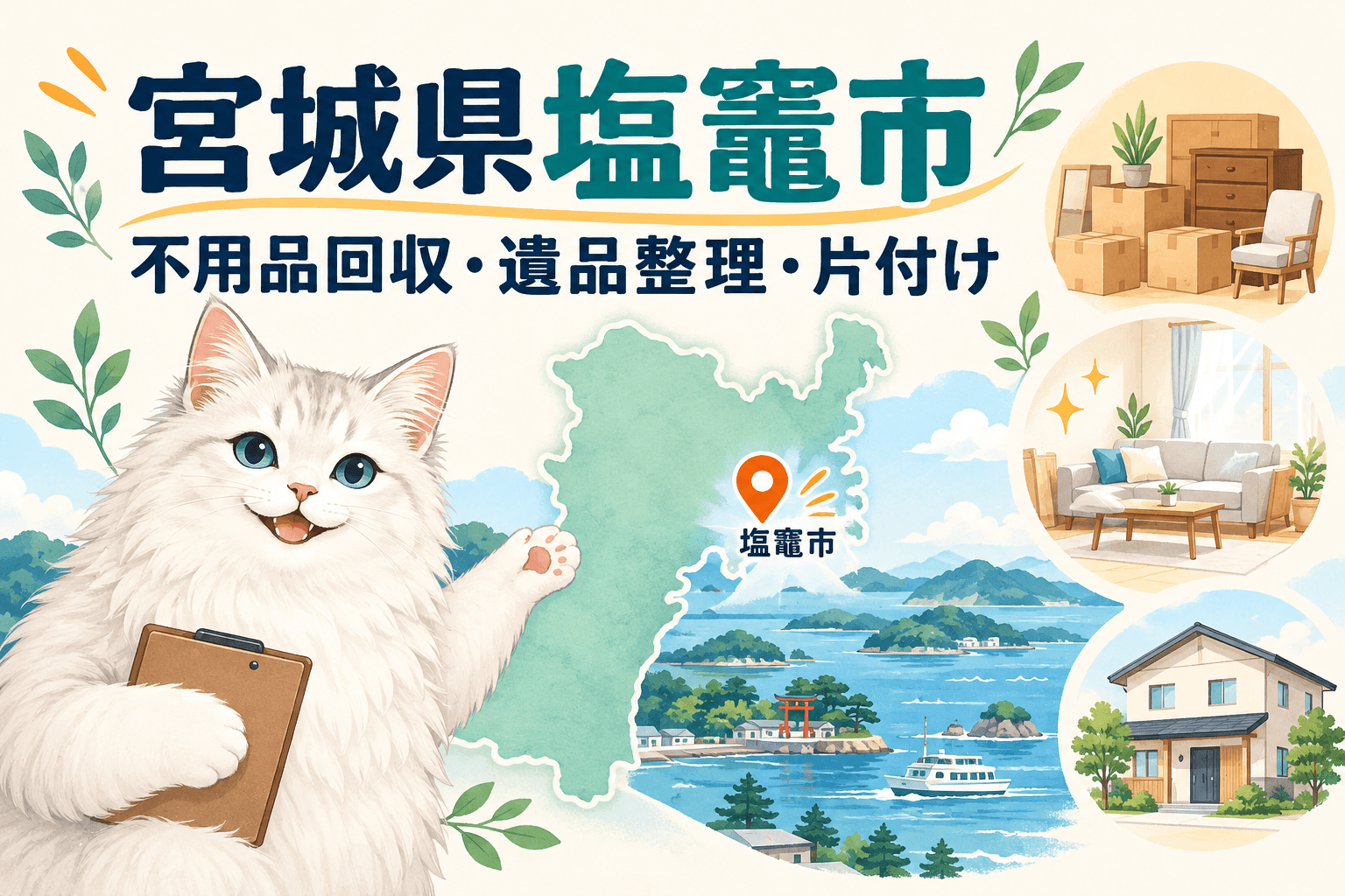 宮城県塩竈市の対応地域を地図風に示し、不用品回収・遺品整理・片付けを案内する白い猫のイラスト