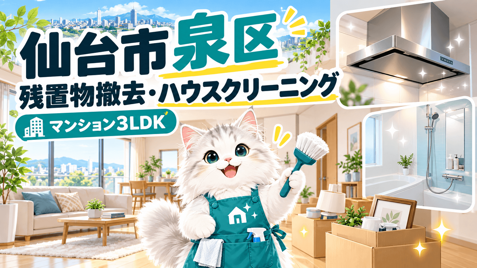 仙台市泉区のマンション3LDKでの残置物撤去とハウスクリーニングを紹介する、白い猫キャラクターのイラスト