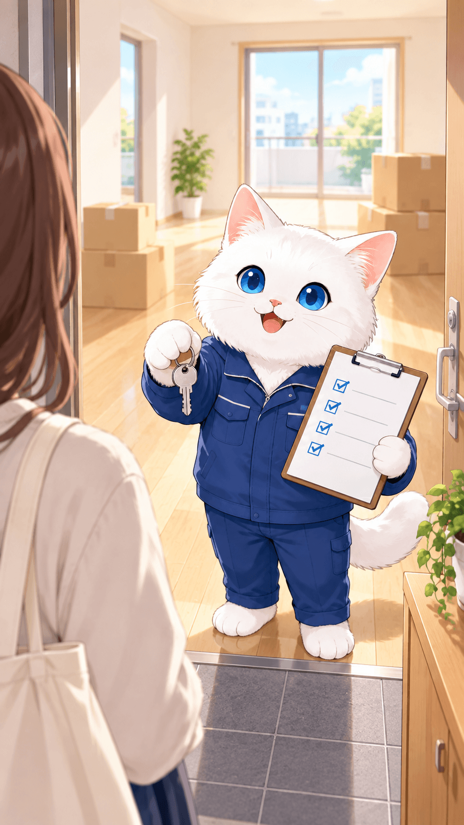 宮城県仙台市の退去立会代行について白猫キャラクターが確認手順を説明する動画
