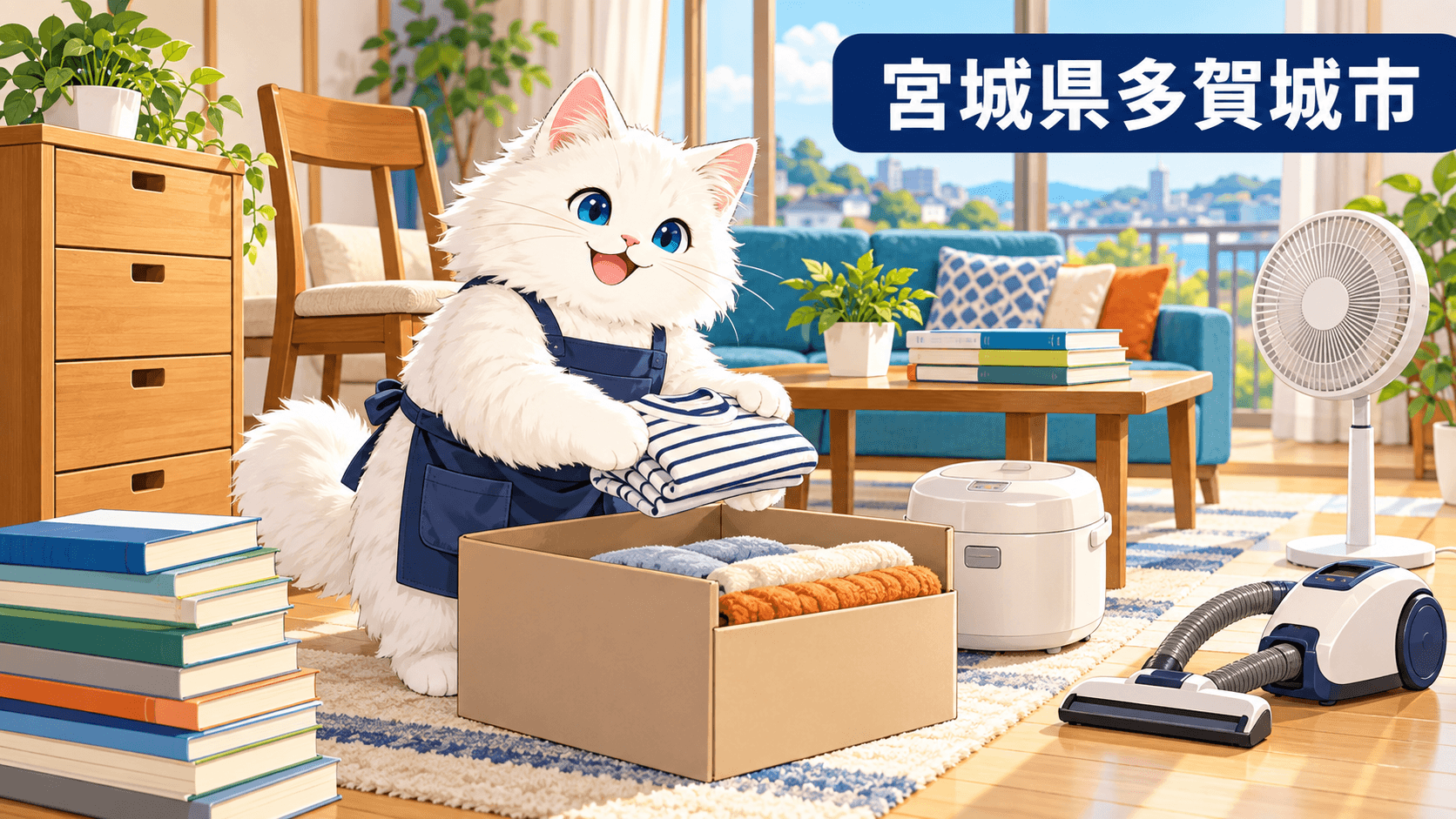 宮城県多賀城市の室内で、白い猫キャラが衣類や家電などの不用品を仕分けるイラスト