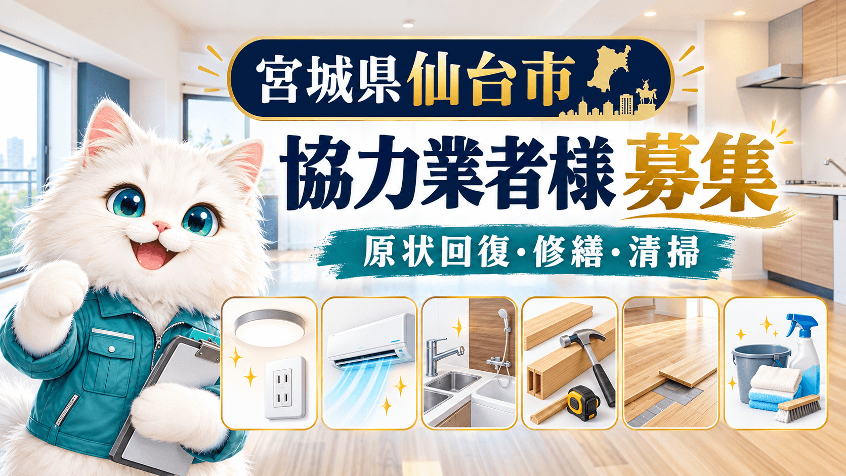 宮城県仙台市で原状回復や修繕を担う協力業者を募集する、白い猫キャラクターと施工分野のイラスト