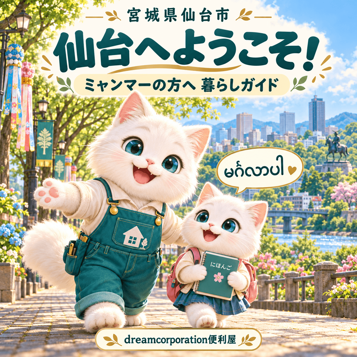 宮城県仙台市の緑豊かな街を背景に、白猫のキャラクターが日本語を学ぶ子猫を歓迎するイラスト