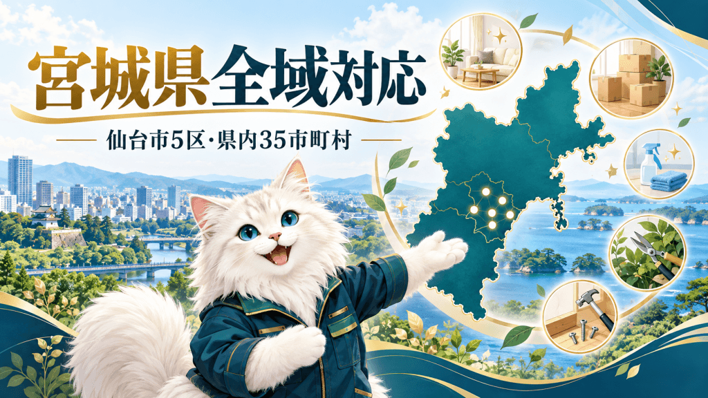 宮城県全域の対応地域を、白い猫キャラクターと地図のイラストで紹介するdreamcorporation便利屋の画像
