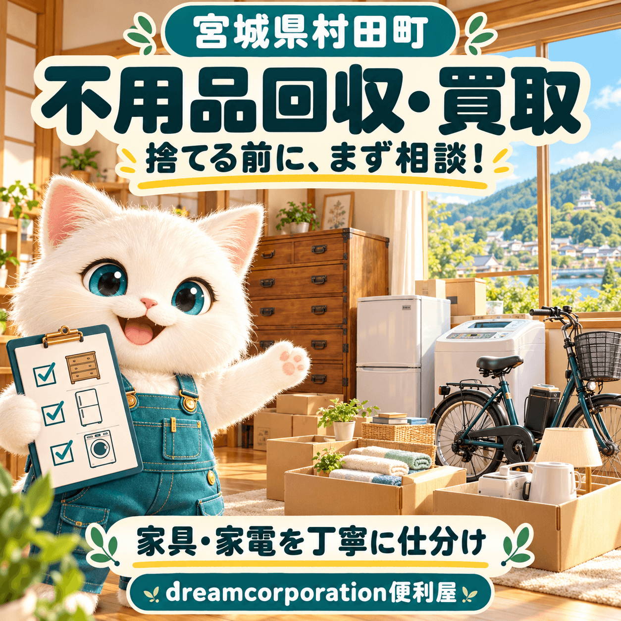 宮城県村田町の不用品回収・買取を紹介するイラスト。白猫が箪笥、冷蔵庫、洗濯機、電動自転車の仕分けを案内している。
