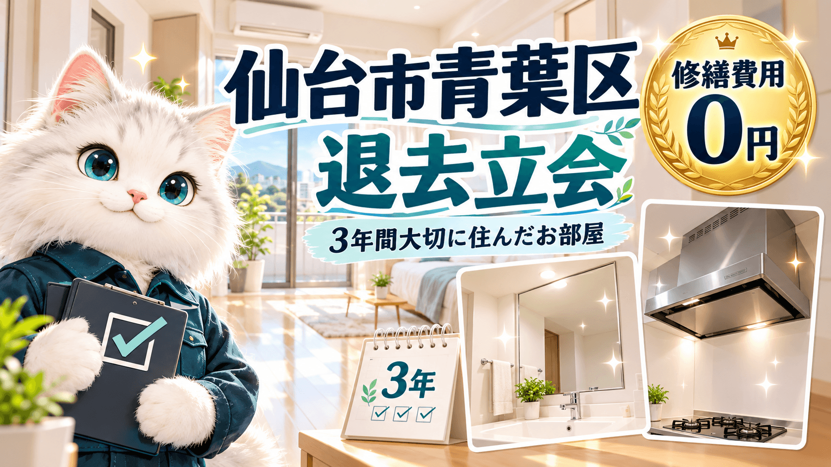 仙台市青葉区のマンション退去立会で、修繕費用が0円だった事例を表す白い猫キャラクターのイラスト