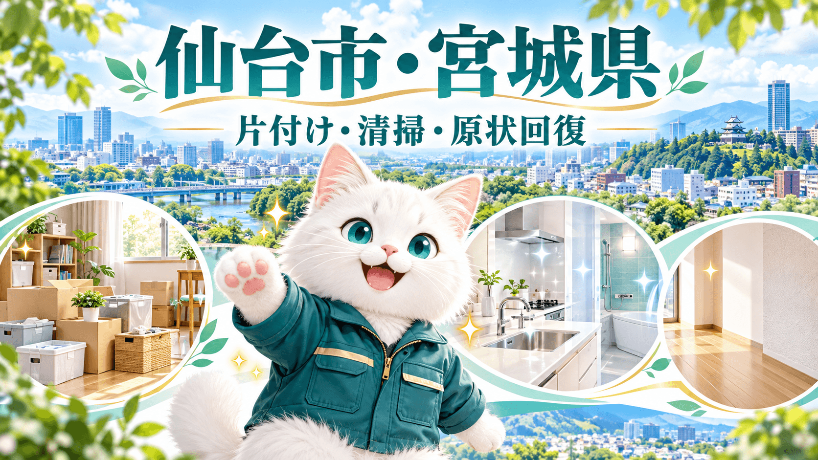 宮城県全域の対応地域を、白い猫キャラクターと地図のイラストで紹介するdreamcorporation便利屋の画像